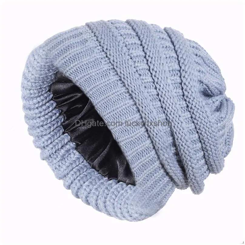 fashion autumn winter thickened warm hats for women with elastic satin lining geometric wool knitted hat solid handmade beanie cap female