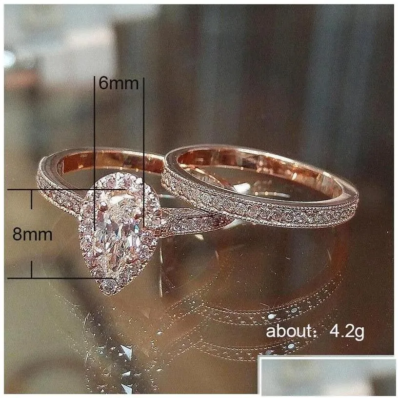 Band Rings Fashion Rose Gold Plated Design 2Pcs Cz Women Engagement Wedding Ring Set Drop Delivery Jewelry Dhdzs