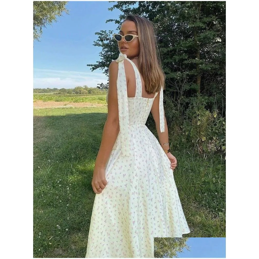 basic casual dresses floral print knot straps split thigh cami dress summer white sleeveless vneck backless beach women slip robe femme