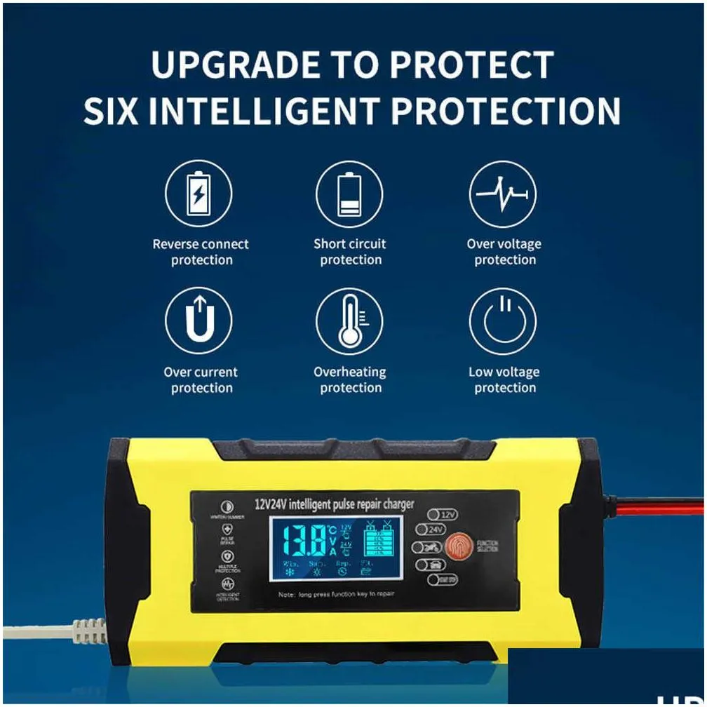 car motorcycle suv pulse repair battery  intelligent 12v 10a battery charge tool lcd display gel wet lead acid