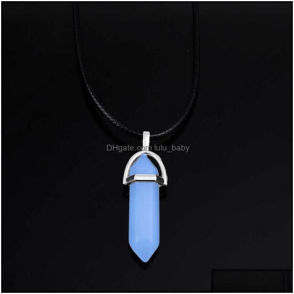 Pendant Necklaces Pendants Jewelry Fashion Luminous Stone Fluorescent Hexagonal Column Druzy Necklace Natural Crystal Gem Leather Chains