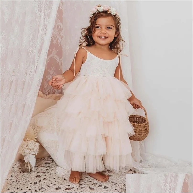 pricness party summer dresses for girls kids hollow out elegant birthday tutu sling tulle clothes wedding 220308