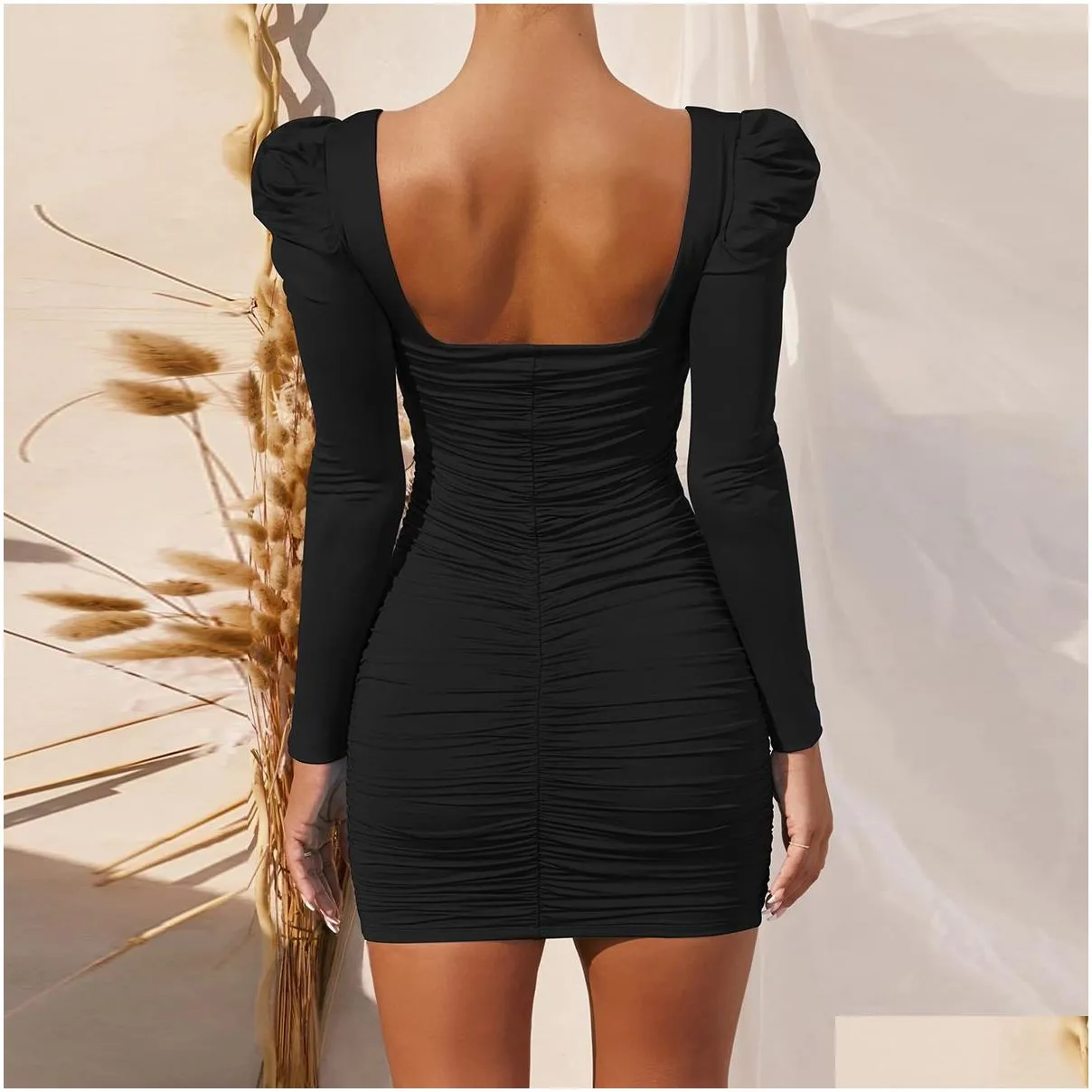 sexy bodycon mini dress women 2023 spring summer square collar long sleeve elegant slim party club short ruched dresses