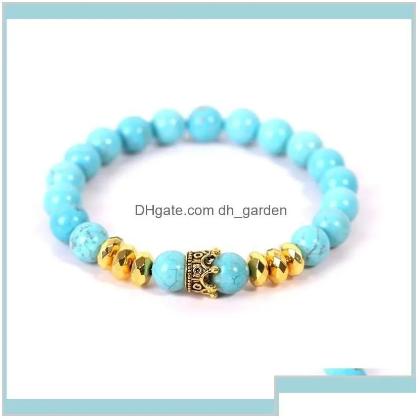Gold Crown Bracelet Natural Stone Lava Rock Turquoise Beads Bracelets Wristband Women Men Fashion Jewelry Will And Sandy White Blue R5