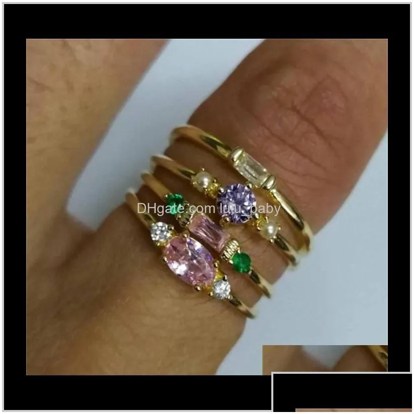 Cluster Rings Jewelry4 Pcs/Set Crystal Zircon Gold Vintage Bohemian Women Engagement Party Ring Set Jewelry T095 Drop Delivery 2021