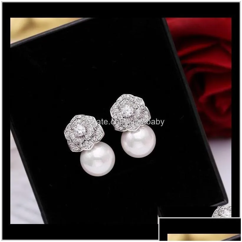 Lovely Diamond Zircon Camillia Flower Pearl Earrings For Woman Girls Super Glittering Ins Fashion Luxury Designer 925 Silver Post C6St