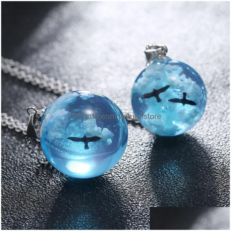 transparent resin rould ball luminous pendant women blue sky white cloud chain necklace jewelry gifts for girl fashion chic necklaces