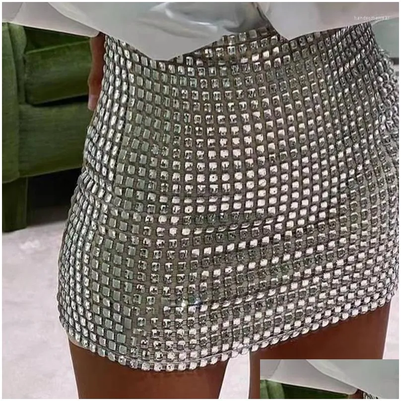 rhinestone mini skirts for women clothes sexy split see through hollow out shiny crystal diamonds solid skirts