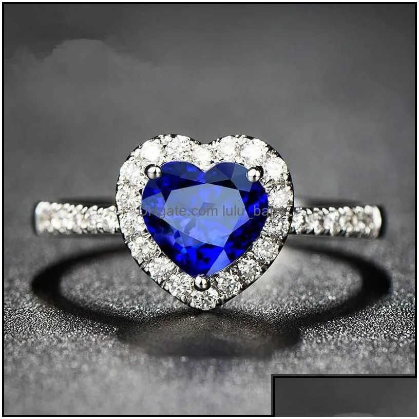 Band Rings Jewelry Blue Austrian Crystal Heart Love For Women Clear Rhinestone Romantic Wedding Party Wholesale Drop Delivery 2021