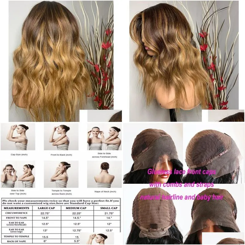 Ombre Wavy Lace Front Human Hair Wigs with Baby Hair 360 Frontal Honey Brown Glueless Silk Top Full Lace Wigs for Women