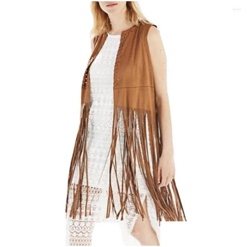 womens vests women long tassels suede vest breathable vintage fringed waistcoat with hollow hole