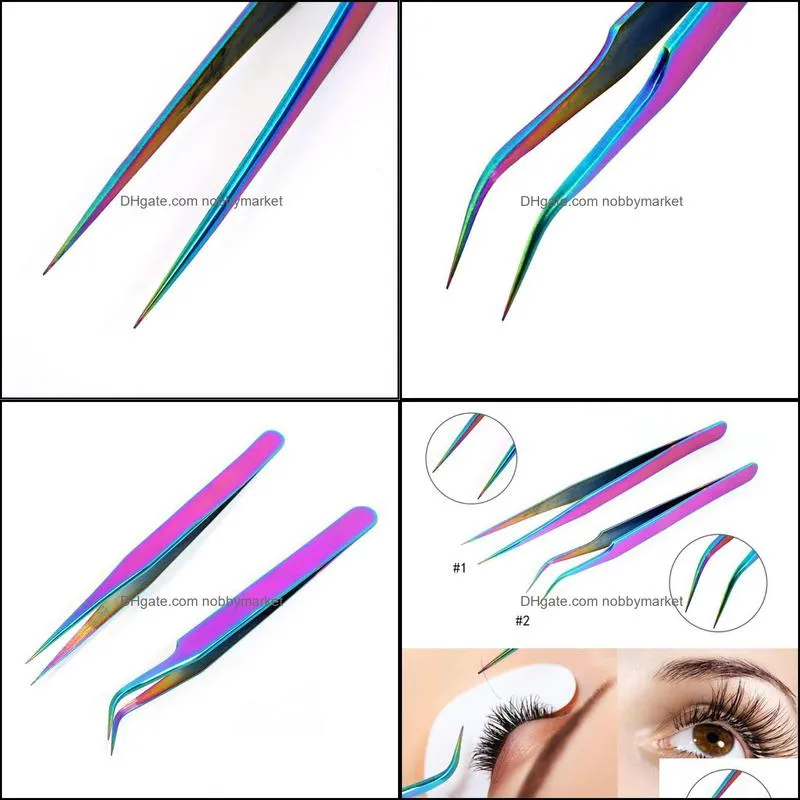 Stainless Steel Straight Curved Eye Lashes Tweezers Rainbow Colored False Fake Eyelash Extension Nippers Pointed Clip Profession