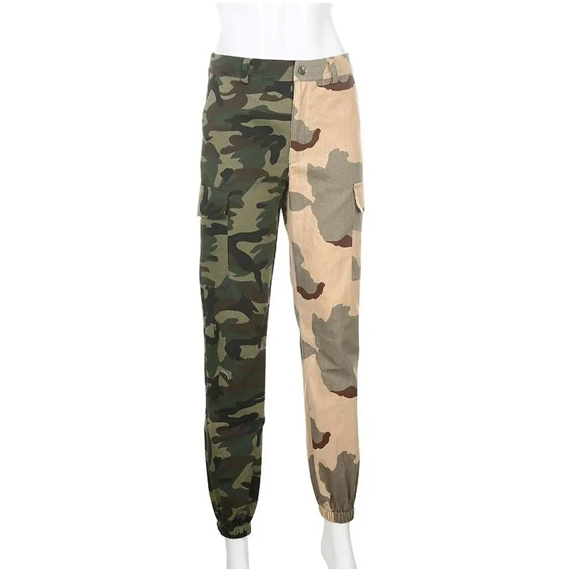 high waist spliced camo cargo pants women joggers trousers street style loose button sports pant side pockets for female