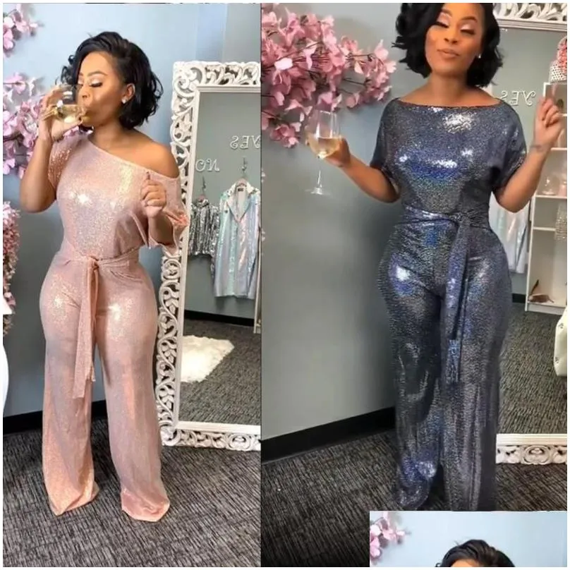 womens jumpsuits rompers elegant super laser sequins women slash neck short sleeve wide leg casual sequined 2021 overalls