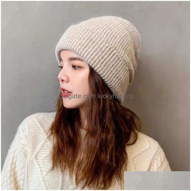 fashion street beanie hat for women winter hats knitted rabbit fur skullies warm bonnet cap female girl caps