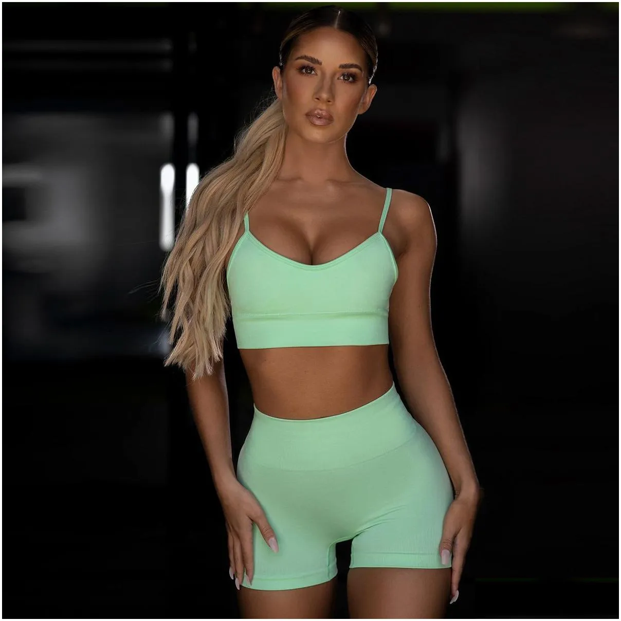 aselnn sexy two piece set women refiective spaghetti strap crop top and biker shorts suit summer clothes for woman workout