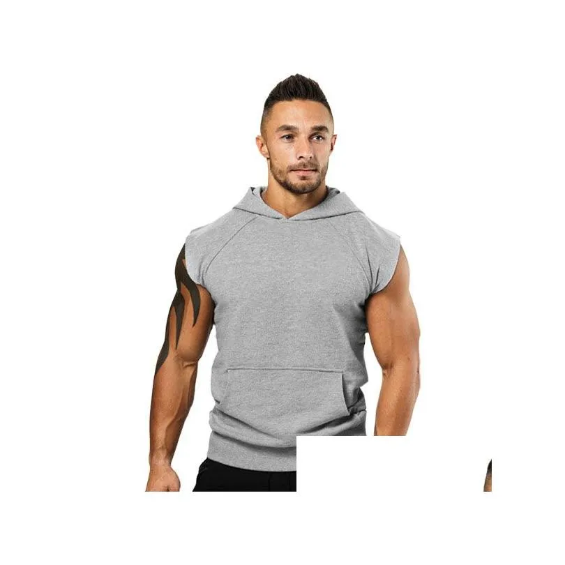 men plain top casual slim hoodie fit pocket pullover sleeveless sweatshirt vest with 2 colors asian size