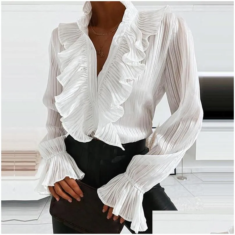 womens blouses shirts v-neck women elegant blue white ruffles front buttons retro office lady spring autumn long sleeve casual tops