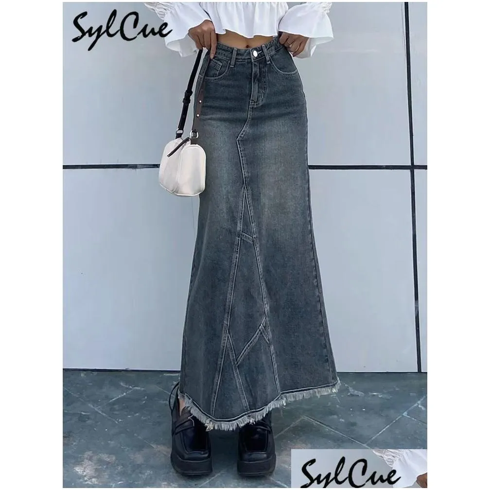 skirts sylcue retro classic allmatch vitality casual outing tight sexy white irregular womens long denim skirt girl cool 230615