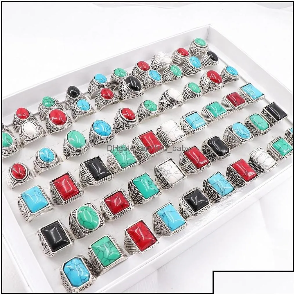 Band Rings Jewelry 20Pcs Vintage Square Ellipse Turquoise Stone Ring For Men Women Party Gift Mix Style Drop Deliv Dhq5O