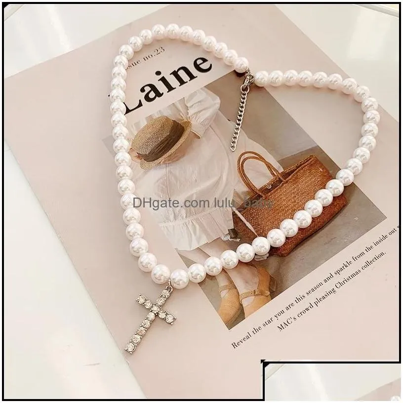 Pendant Necklaces Pendants Jewelry Pearl Chain Necklace Cross Hip Hop For Women Men 8-10Mm Pearls Beads Link Vintage Statement Gift