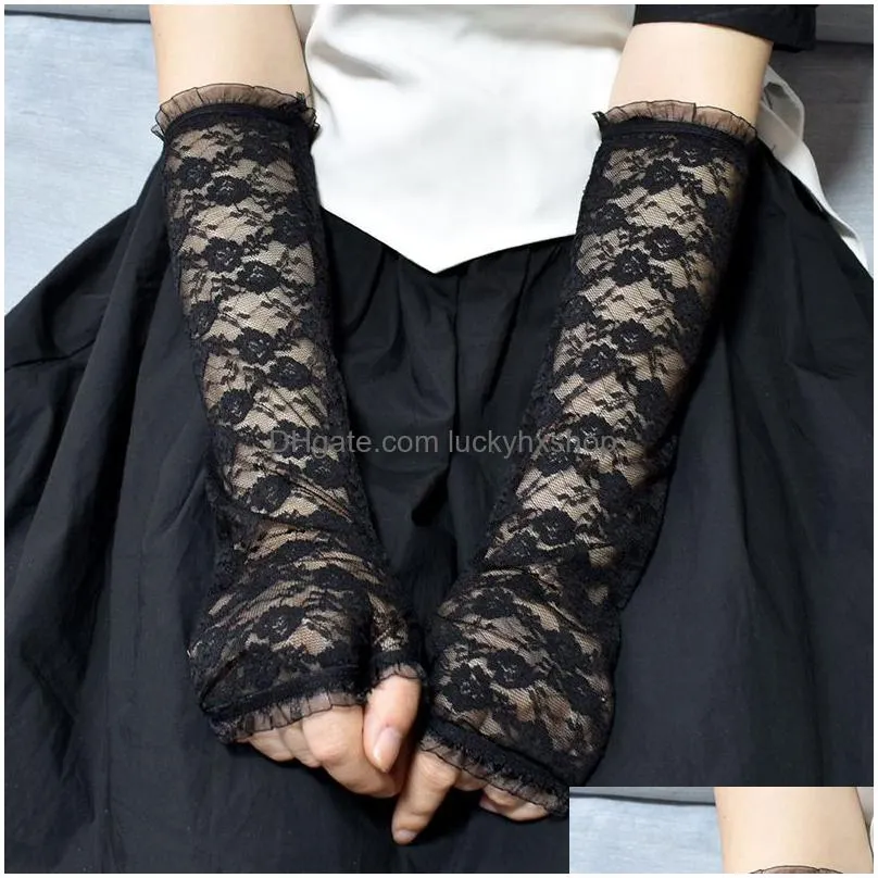 40cm wedding transparent fingerless gloves lace women black red white fashion spring bride sexy long mittens