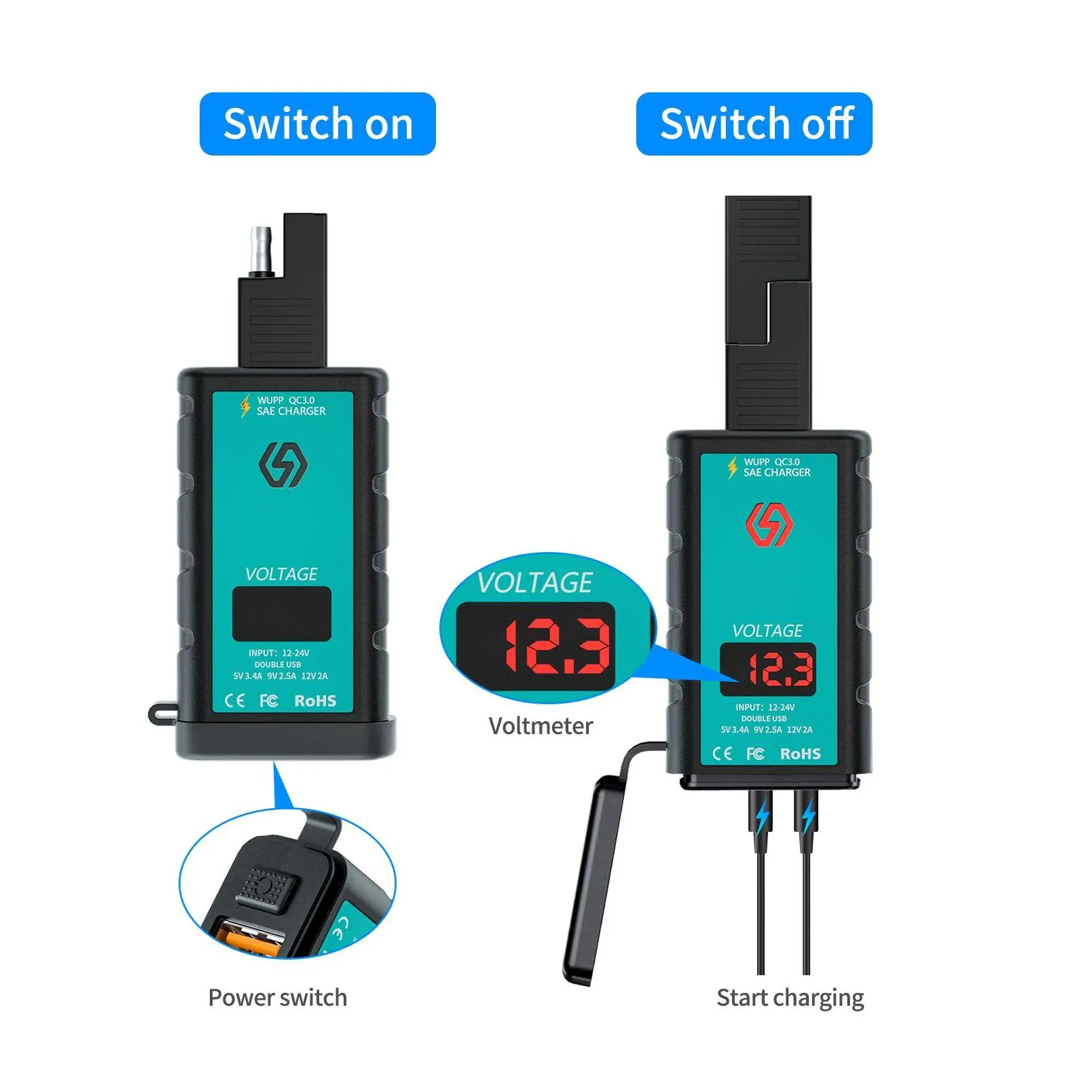 motorcycle waterproof mobile phone  qc3.0 square type-c add usb super fast charging voltmeter with sae wire wroup