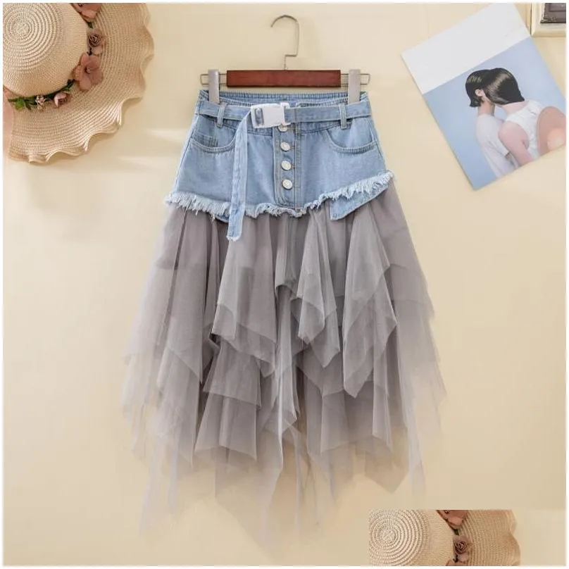 summer denim saia jeans skirt women irregular high waisted meshwork long pleated mid-calf tulle skirts tutu high street y200326