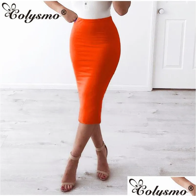 colysmo 2 layers high waist stretch pencil midi skirt women elegant white long skirts candy colors cotton casual skirt gray y200326