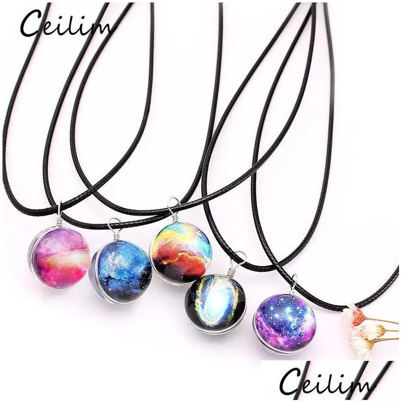 fashion dreamy starry nebula space galaxy universe necklace double-sided glass ball pendant black letter chain necklaces women girls