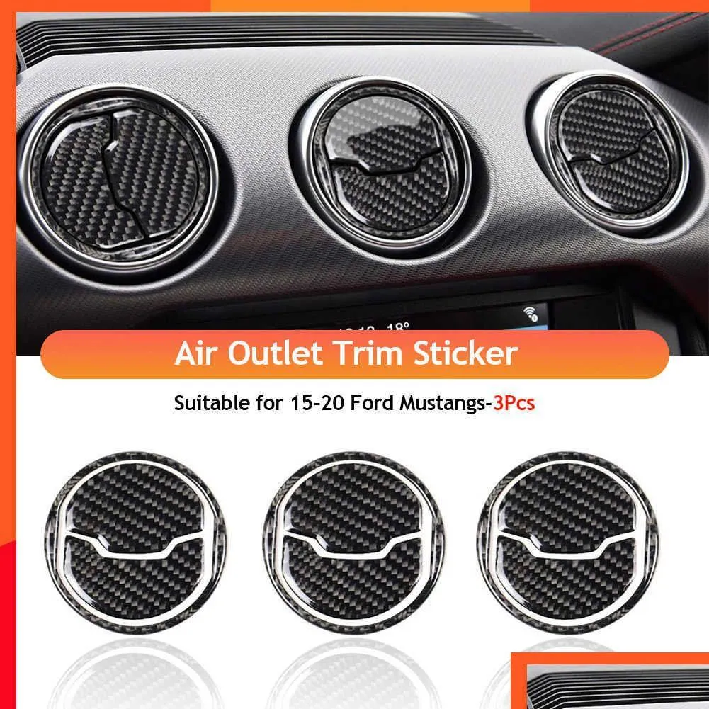  3pcs real carbon fiber interior trim sticker for ford mustang 2015-2020 air outlet dashboard vent cover car interior accessories