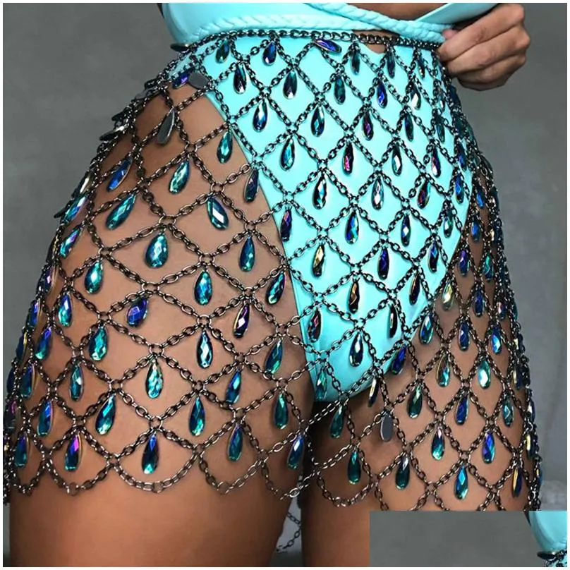 sexy metal chain sequins shining skirt women crazy summer beach hollow out crystal rhine diamond night club party mini skirts y200326