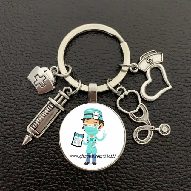 new/high quality nurse medical syringe stethoscope image keychain glass cabochon and glass dome key ring pendant gift. key chains