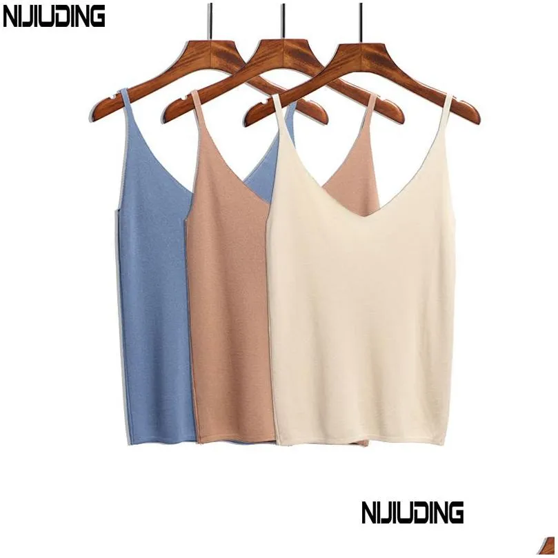 nijiuding summer women tank tops casual shiny ice silk knitted camis sleeveless vest sexy deep v-neck party solid camisole femme