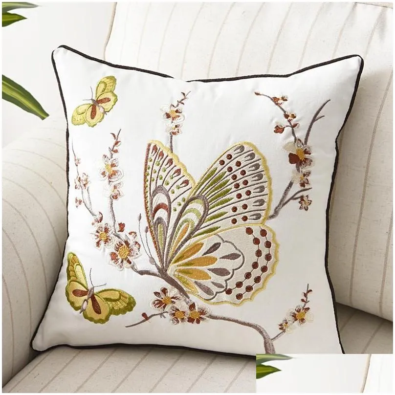 Cushion/Decorative Pillow Pastoral Embroidered Cushion Cover 45x45cm Peacock Butterfly White Decorative Pillows Boho Cotton Canvas Case