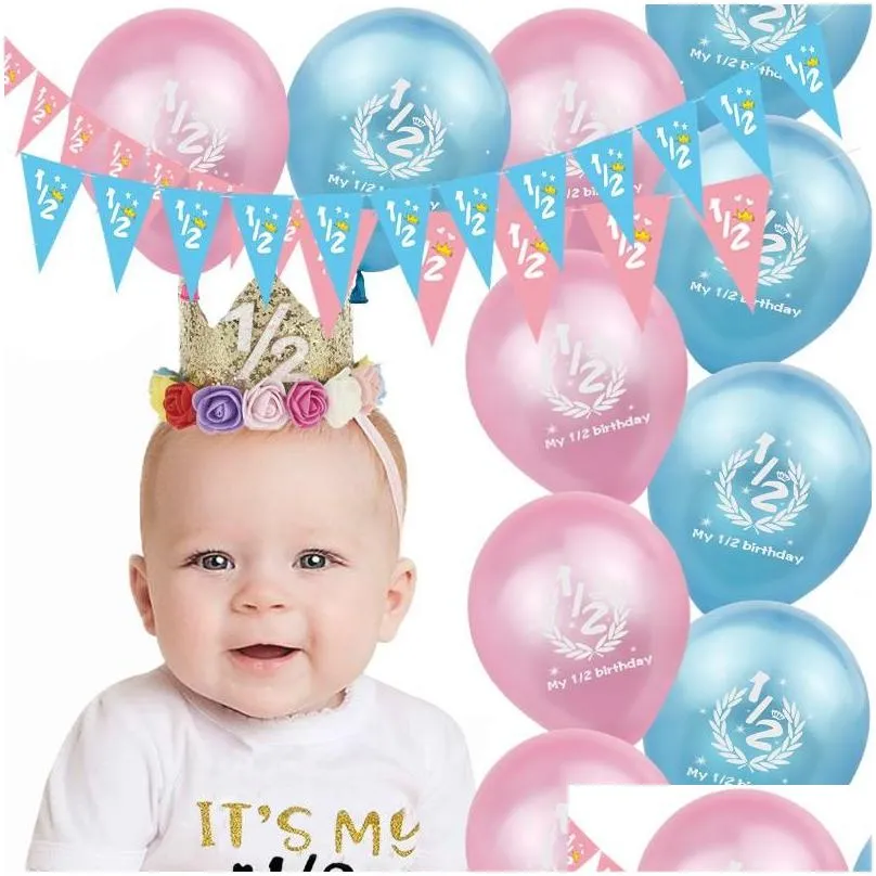 Party Decoration Half Birthday Decorations Kit It`s My 1/2 Banner Balloons Crown Hat For 6 Months Baby Boy Girl Shower Decor