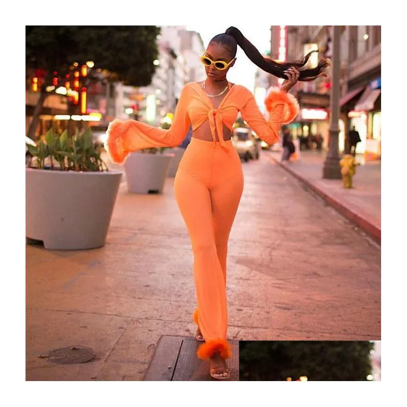 sexy see through tracksuits two piece set women fluffy fur crop top flare pants 2 piece outfits fashion sweatsuit matching sets