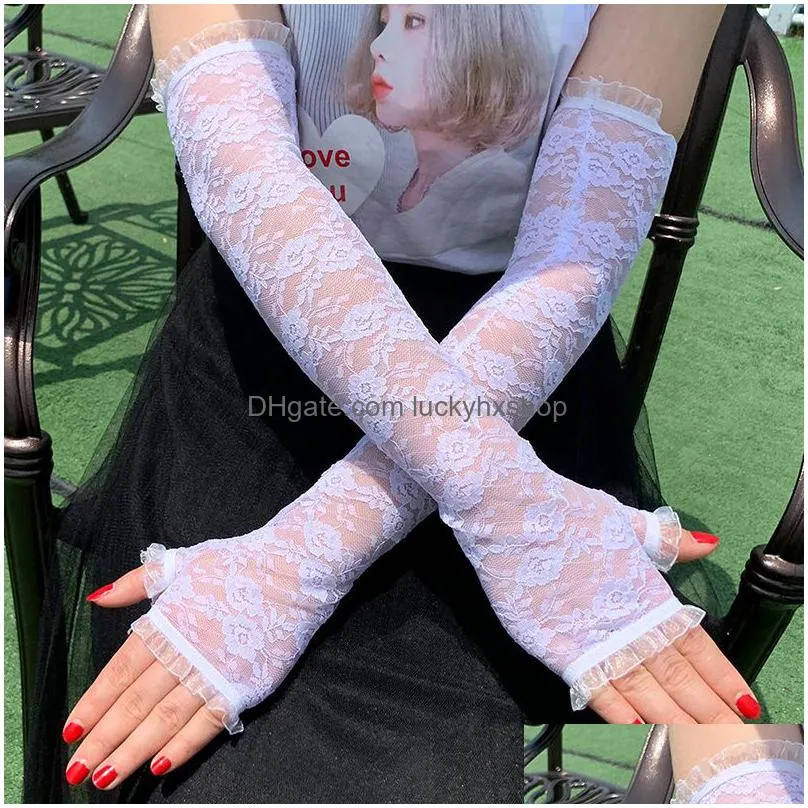 40cm wedding transparent fingerless gloves lace women black red white fashion spring bride sexy long mittens