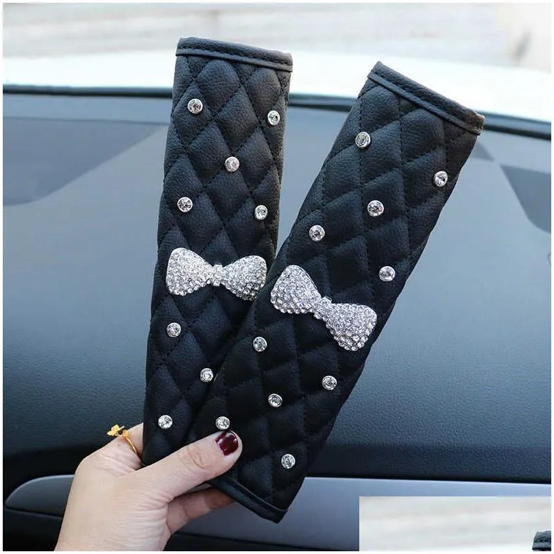 safety belts accessories 2pcs fashion rhinestone leather car sefety seat belt cover crystal crown universal shoulder pad car styling interior accessories