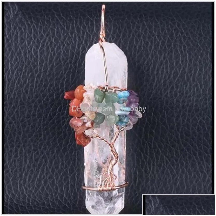 Big Gemstone Women Natural White Crystal Quartz 7 Chakra Tree Of Life Rose Gold Handmade Wire Wrapped Necklace Charms T3Knl Necklaces