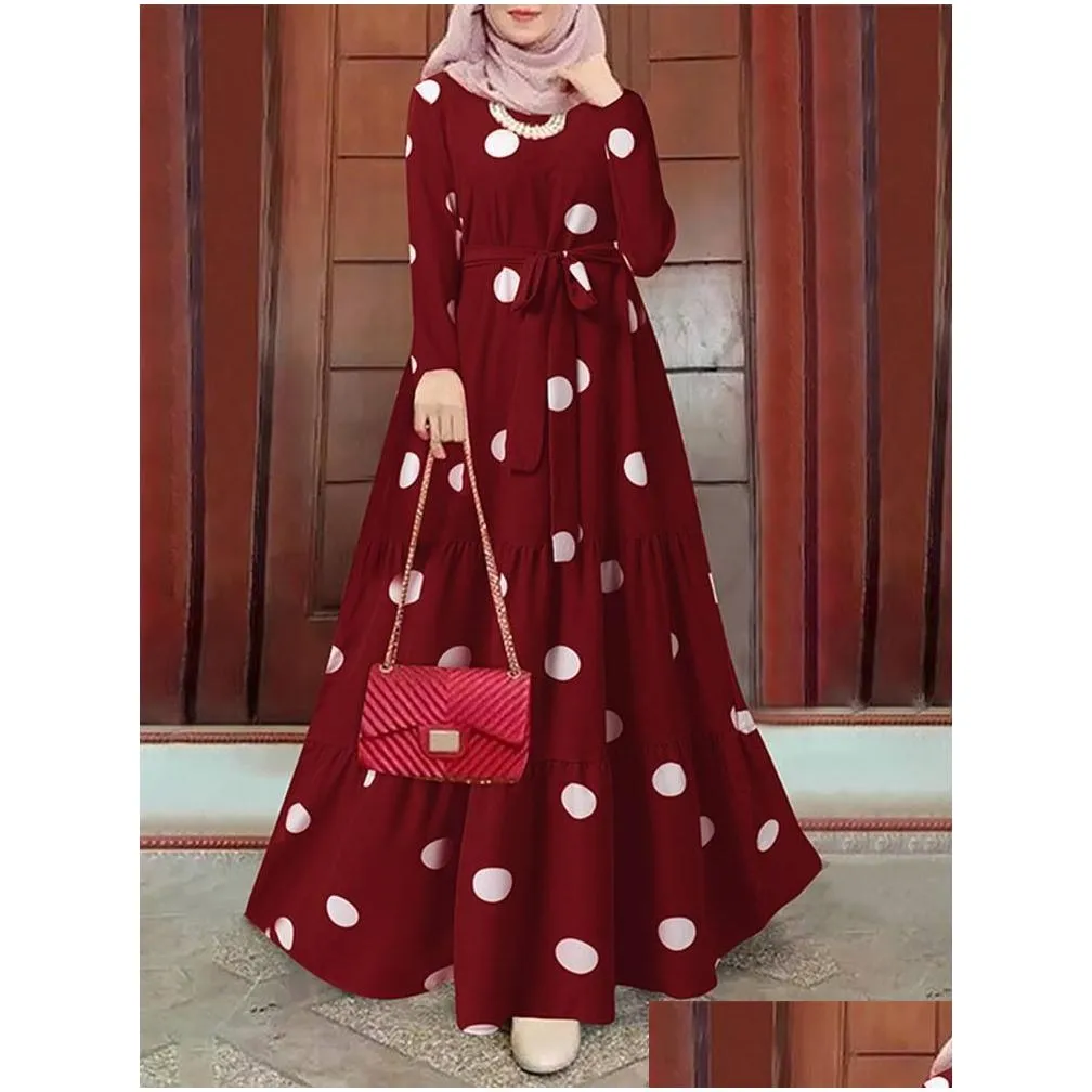 casual dresses zanzea spring muslim polka dots printed women dress long sleeved oneck sundress elegant loose abaya kaftan maxi robe