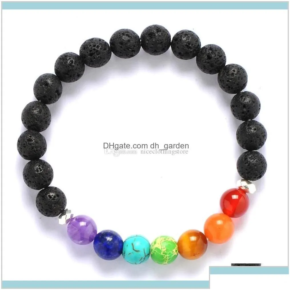 Yoga Jewelry Hnuy7 Charm Bracelets W60D9 8Mm Natural Black Lava 7 Chakra Reiki Aromatherapy Essential Oil Diffuser For Women