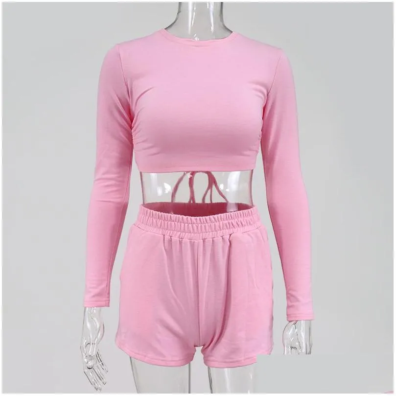  asia pink activewear two piece set women sexy backless long sleeve crop top shorts tracksuit womens summer loungewear set y201128