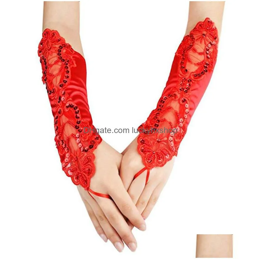 sequined lace women female short half fingerless satin seam beads gloves fashion sexy lady retro driving glove