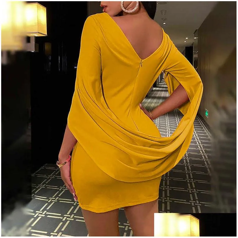 women cloak sleeve dress party runched long slim fit club bodycon mini 210701