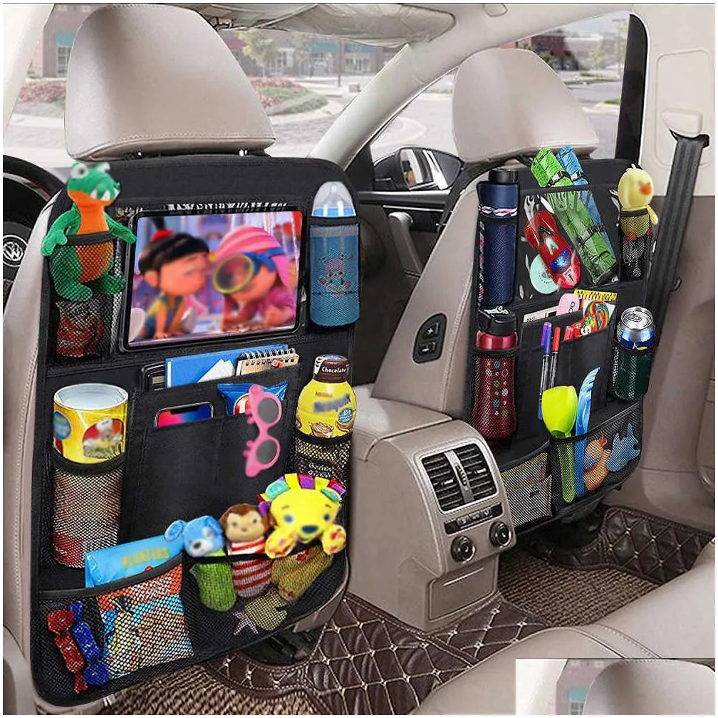 car backseat organizer with touch screen tablet holder + 9 storage pockets kick mats car seat back protectors for kids toddlers