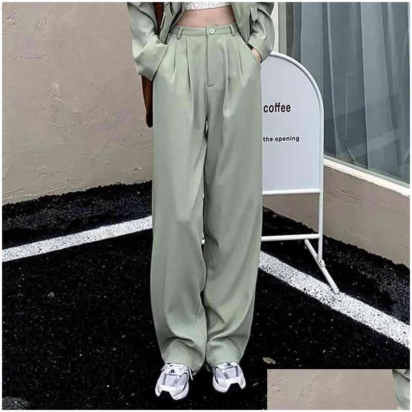 two-piece women suit mint green blazer wide leg pants set blazers jackets with trouser 210519