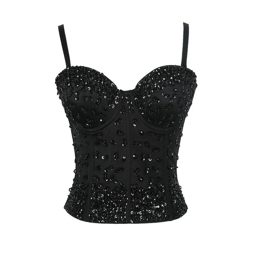 women sexy rhinestone beading top white sleeveless bustier tops club party corset long vest rave festival top y200415