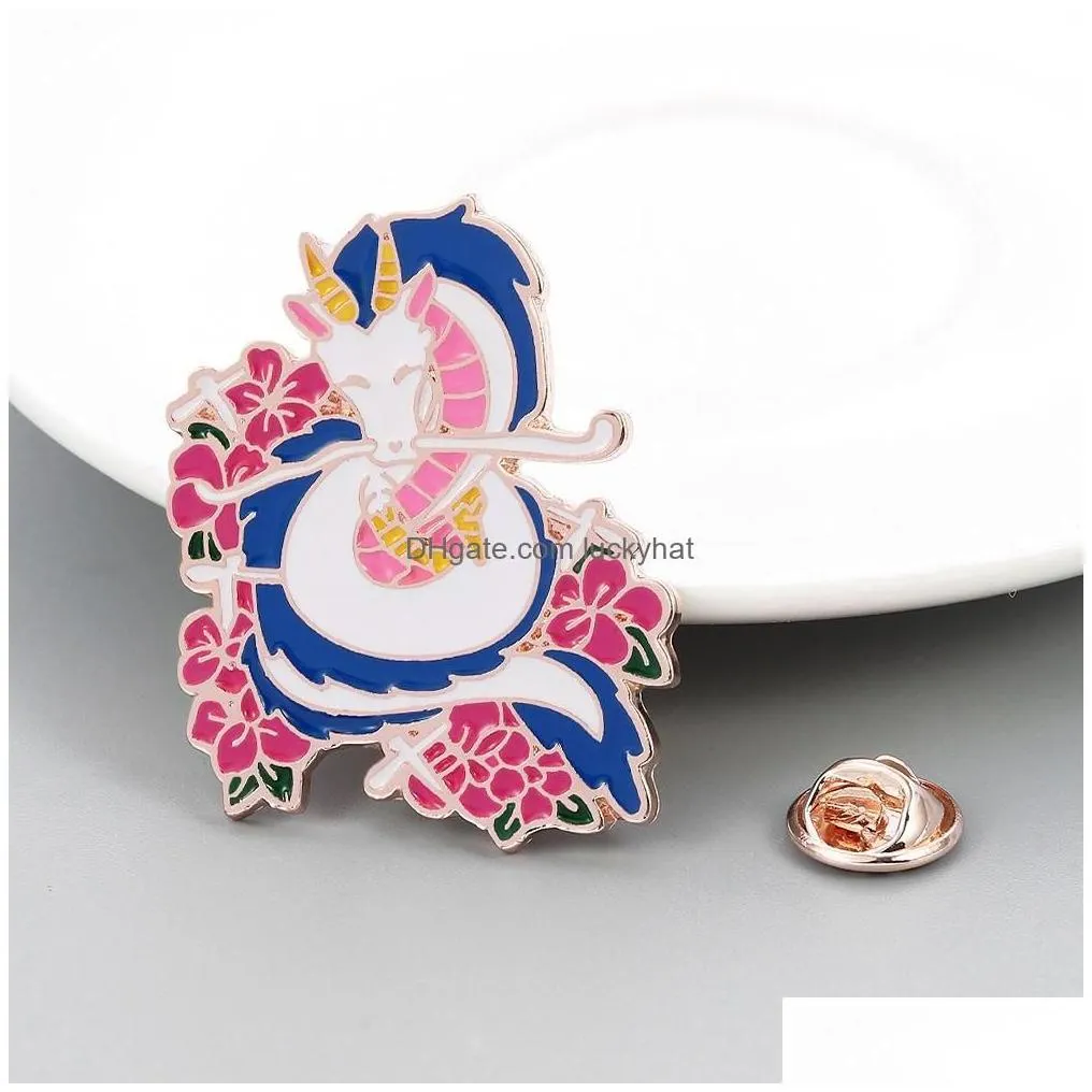 Pins Brooches Gold Plated Animal Brooch 6Pcs/Set Dragon Cat Alloy Pins Hollow Knight Themed Enamel Metal Badge Cartoon Drop Deliver