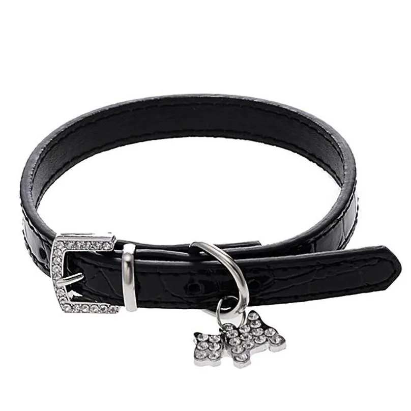 Dog Collars & Leashes Small Bling Crystals Diamonds Crocodile Leather Belt Puppy Collar Rhinestone Inlaid Buckle Chain Adjustable
